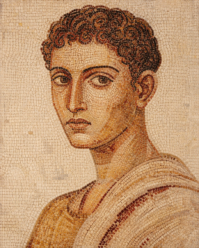 mosaic youth: ancient pompeii, terracotta ochre youth, antique museum