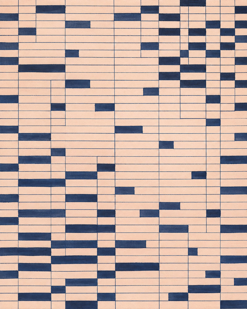 navy dashes: hand ruled ledger lines, short painted dashes in an irregular rhythm
