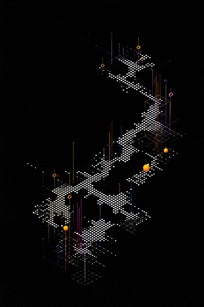 neon constellation: pixel star map, glowing halftone, dark cosmic office