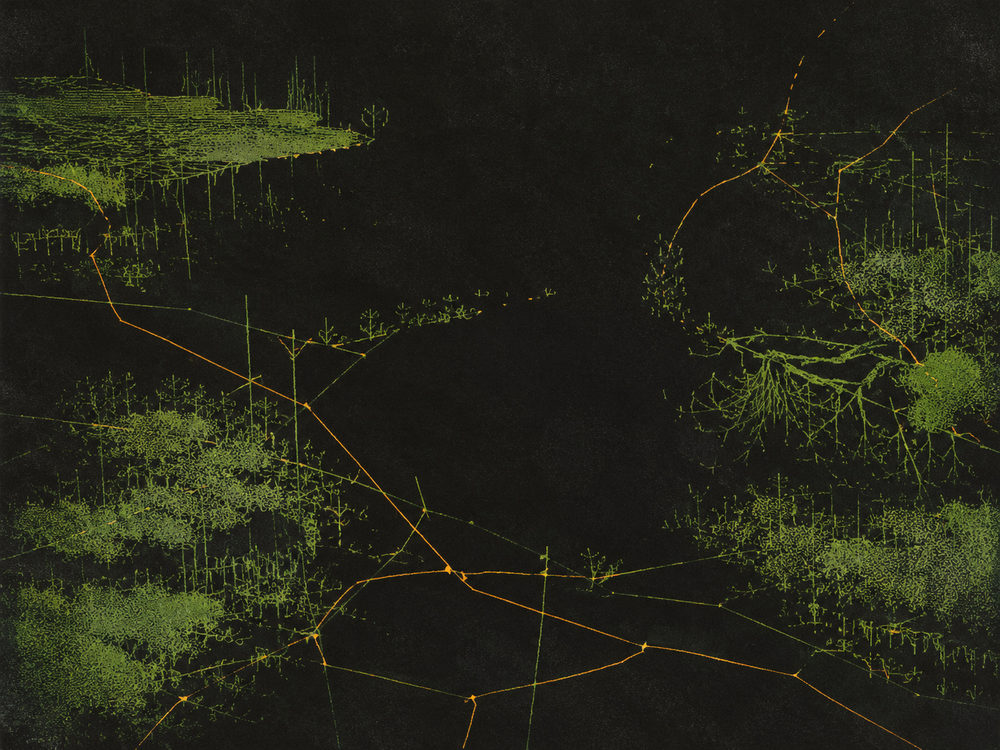 neon landscape: bioluminescent, dark moody landscape, glowing green living room