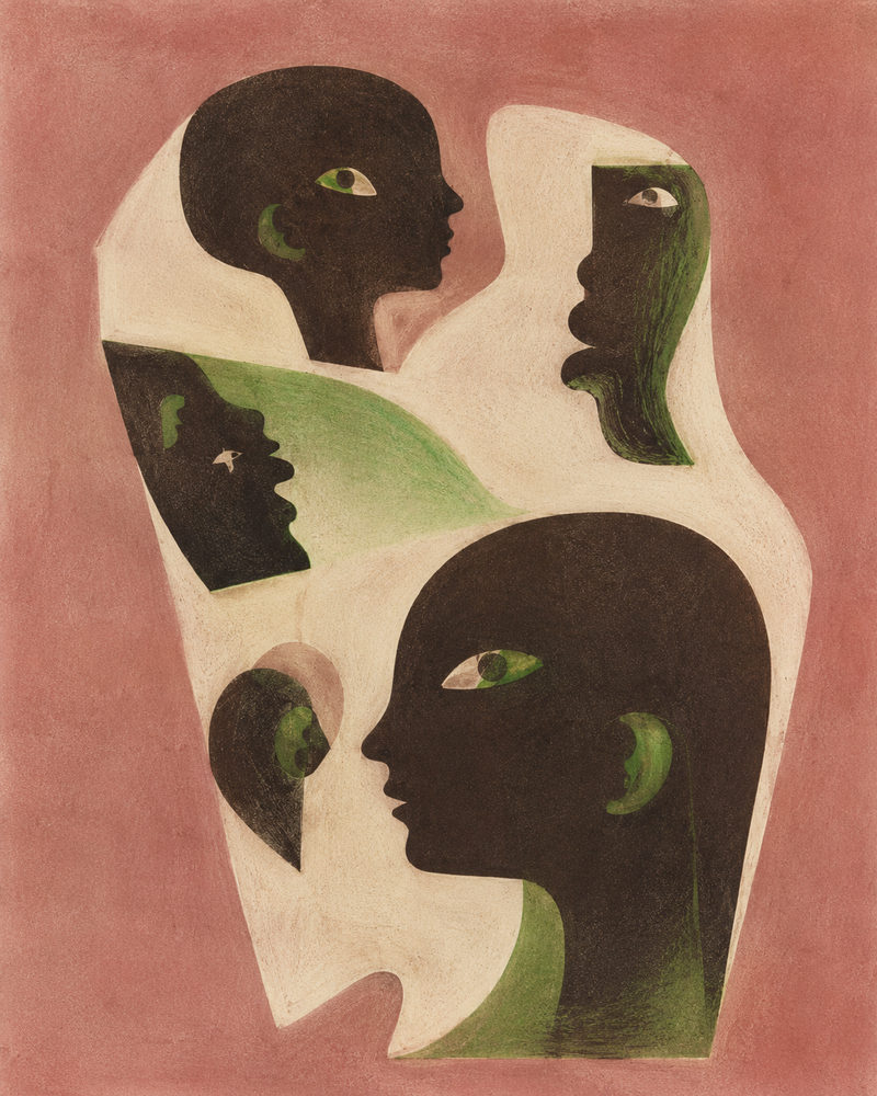 nested heads: nested profile heads, mid century figurative, dusty rose and umber, modernist monotype