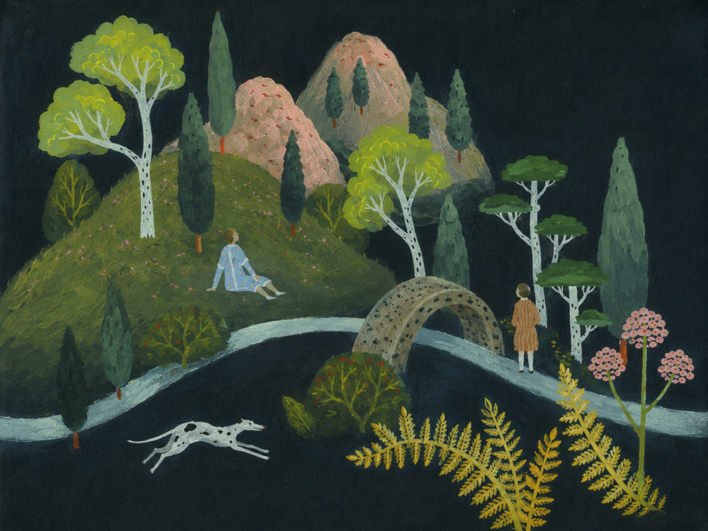 night bridge: naive night garden landscape, greyhound and river, deep green and gold