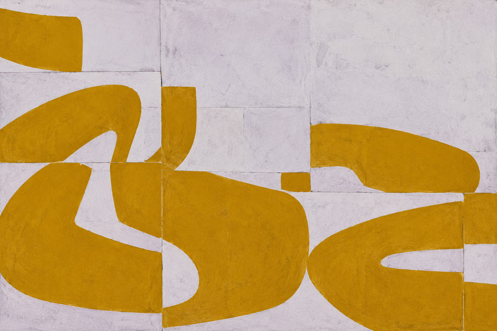 ochre forms: curving ochre forms broken across pale grey paper panels, painted collage style