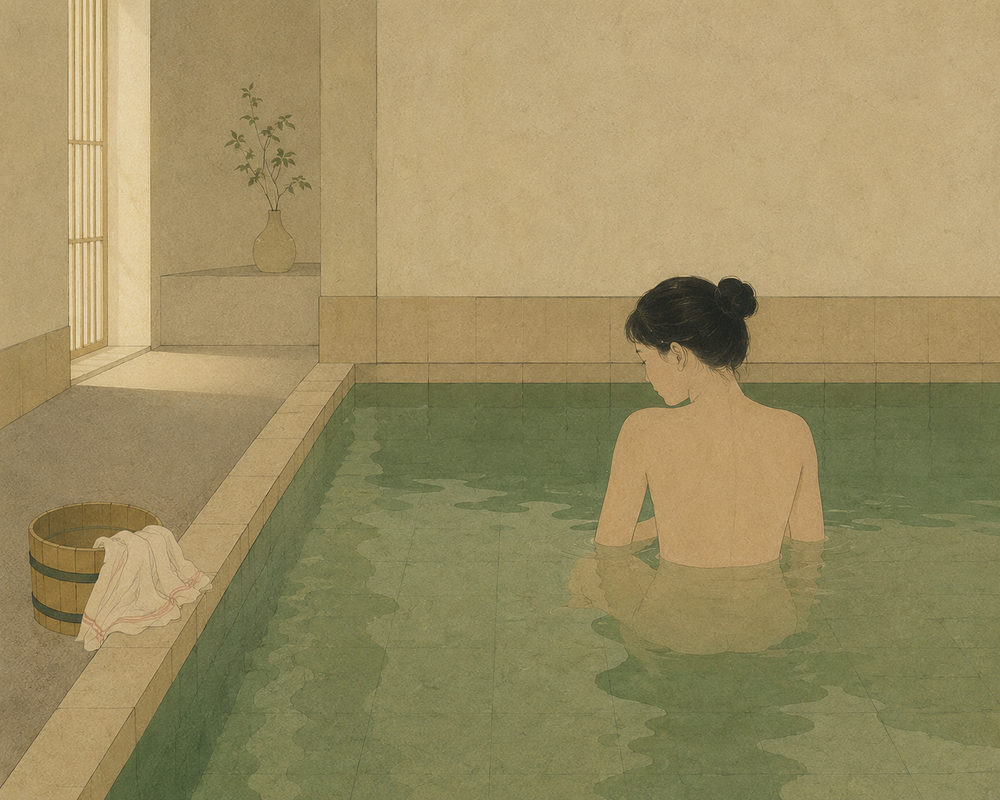 onsen bath: japanese woman bathing, shin hanga nihonga, celadon green bathroom