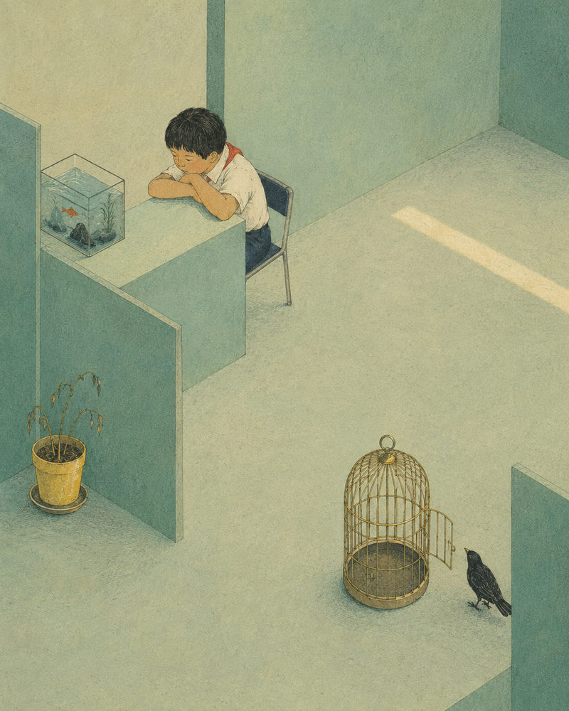 open cage: open birdcage crow, quiet surrealism, sage green watercolor, school days