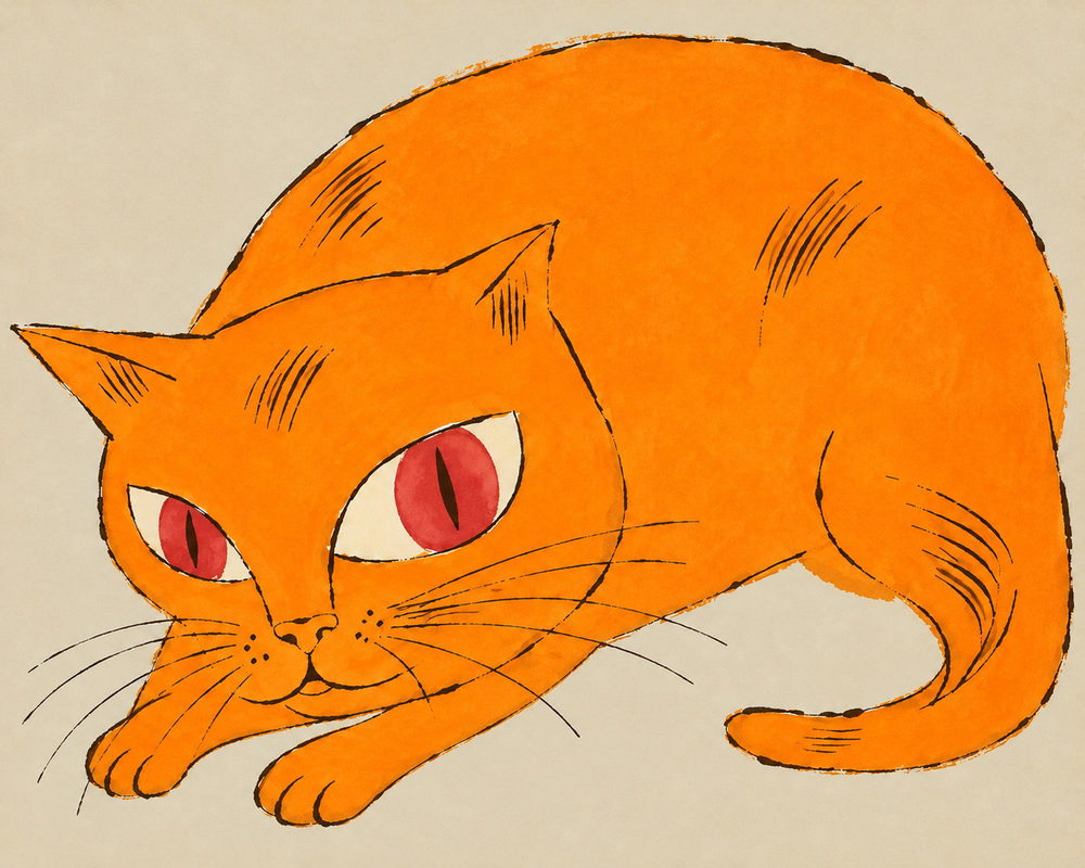 orange cat: crouching cat with big red eyes, ink and watercolor illustration, mid century style, orange on beige