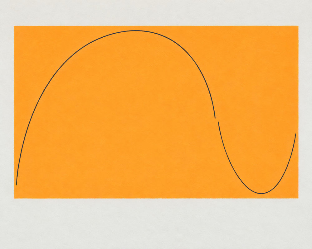 orange curve: one thin charcoal wave line over an orange block, flat gouache style, orange on off-white