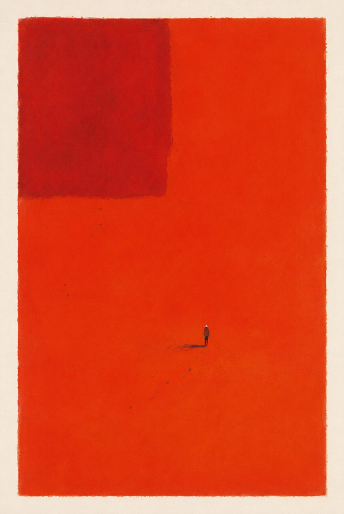 orange expanse: color field, minimalist solitary figure, oxblood cream