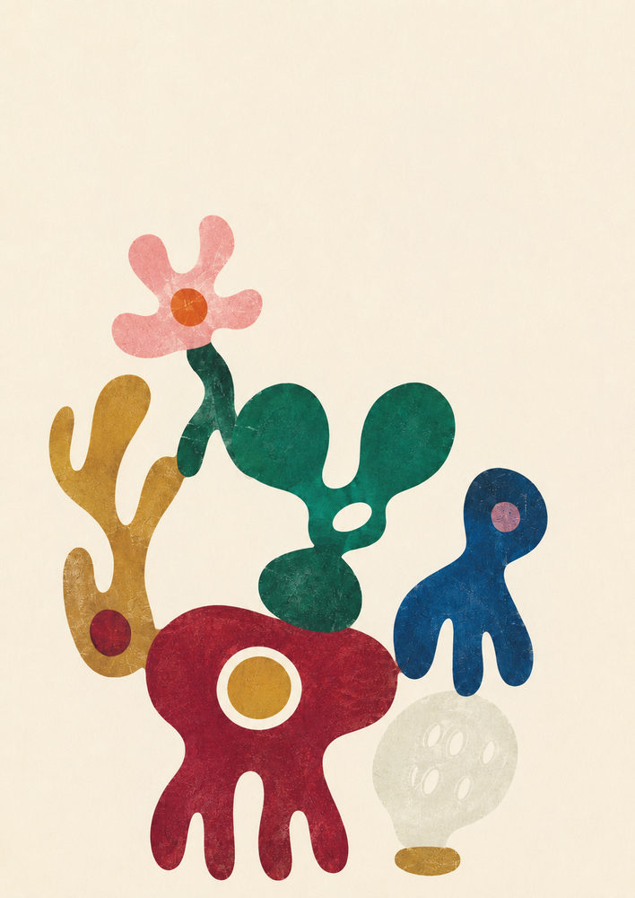 organic forms: fauvist, playful biomorphic shapes, colorful pink and teal living room