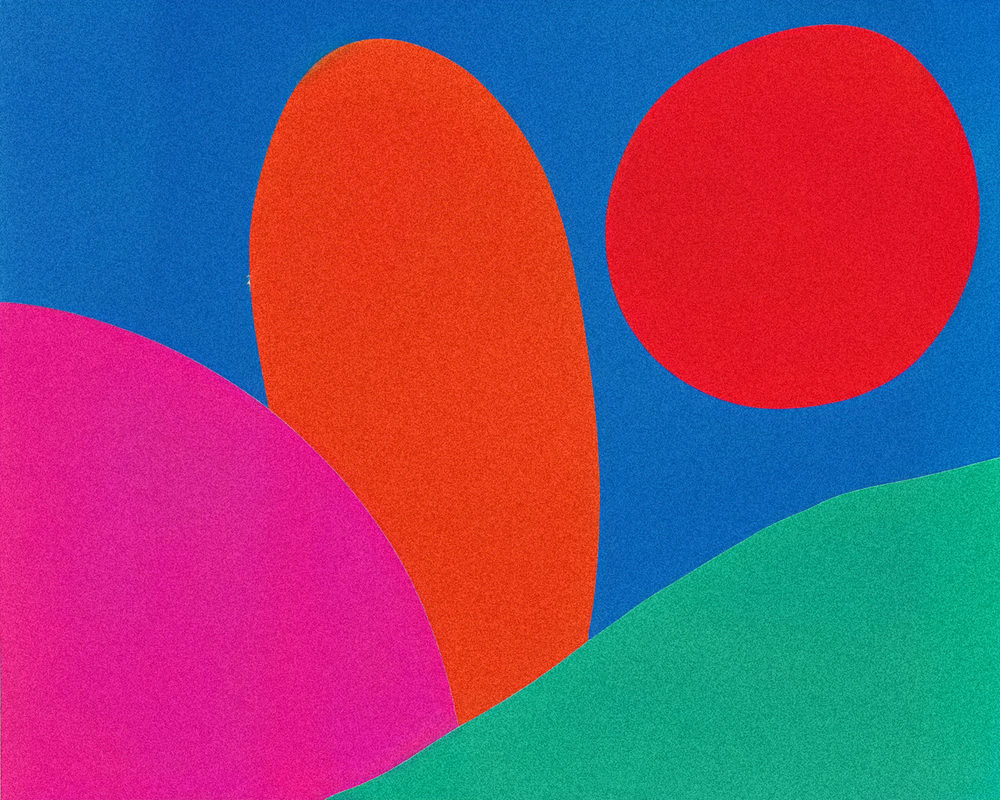 paper hills: hard edge shapes, cobalt blue magenta orange, bold playful pop