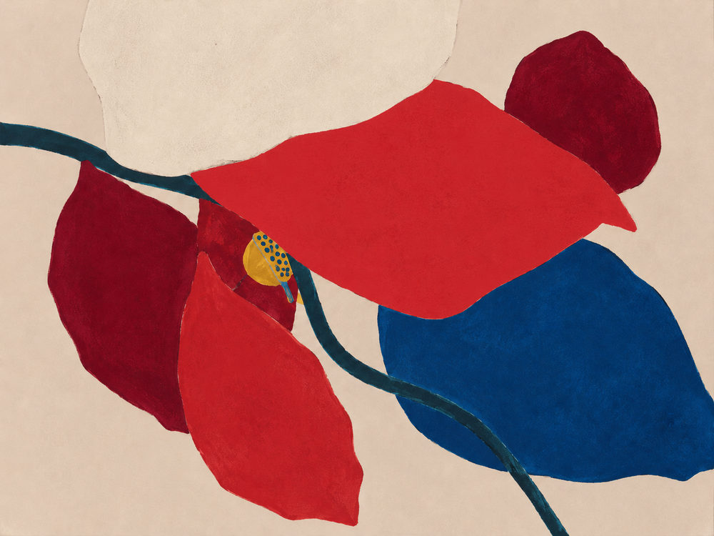 paper leaves: blush pink botanical, bold cutout style, golden seed pod
