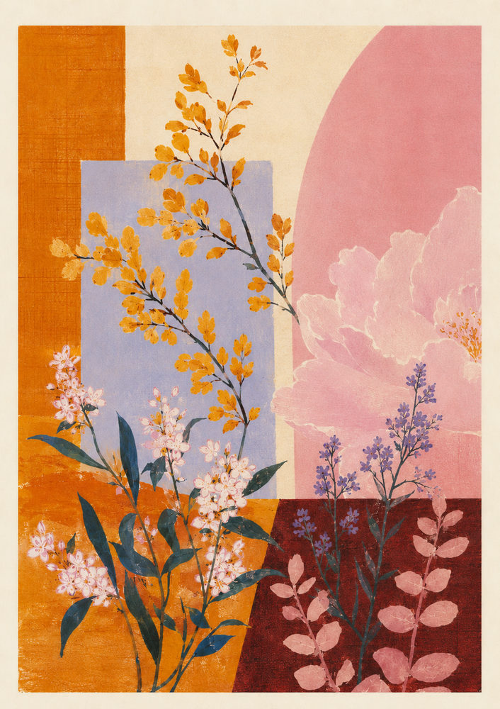 pastel botanical: burnt orange autumn leaves, mid century lavender, periwinkle living room