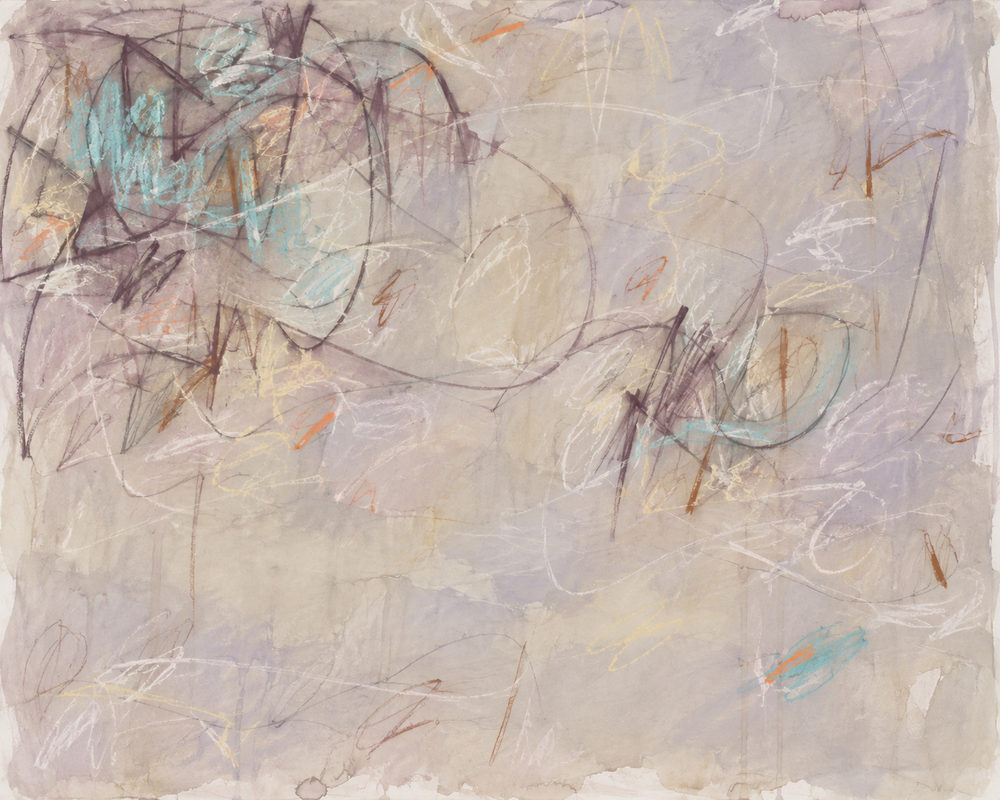 pastel scribble: loops and zigzags crowding the top left of a dripping wash, pale teal, orange and plum
