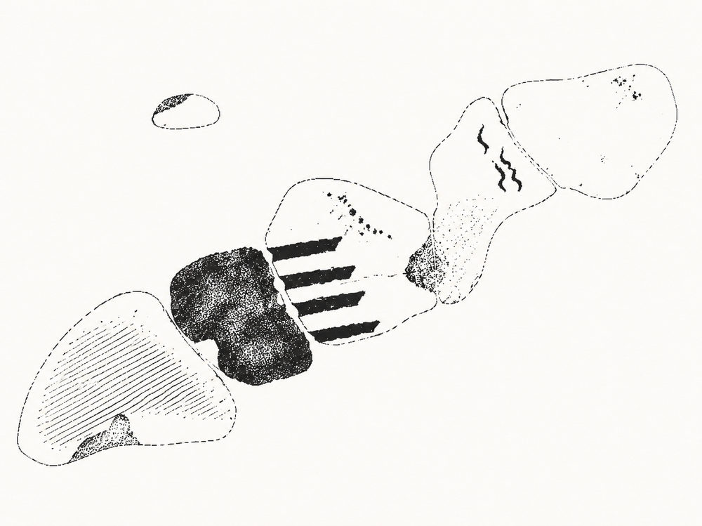 pebble chain: abstract pebble chain, black and cream ink drawing, modern organic shapes