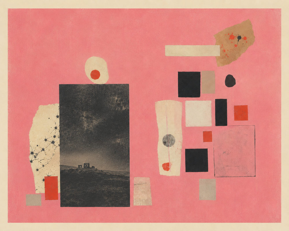 pink collage: bold modern abstract, dada bauhaus, hot pink geometric living room