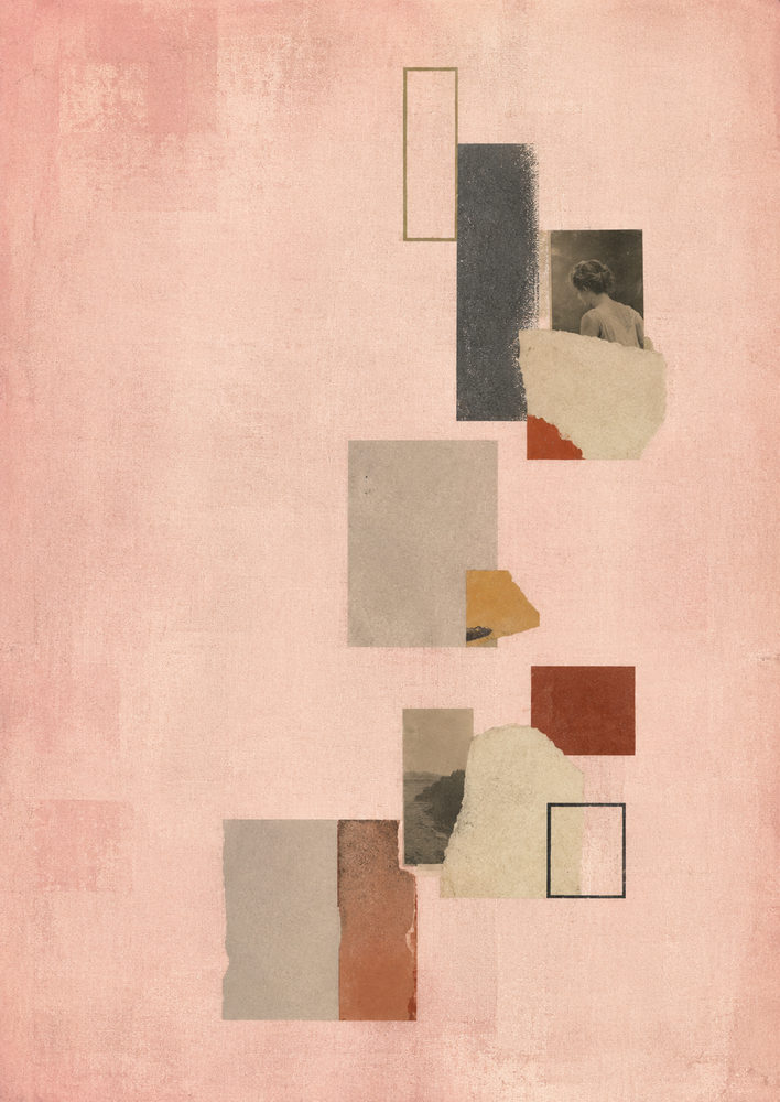 pink photo collage: mixed media, dusty pink rust mustard, vintage photo nostalgic abstract