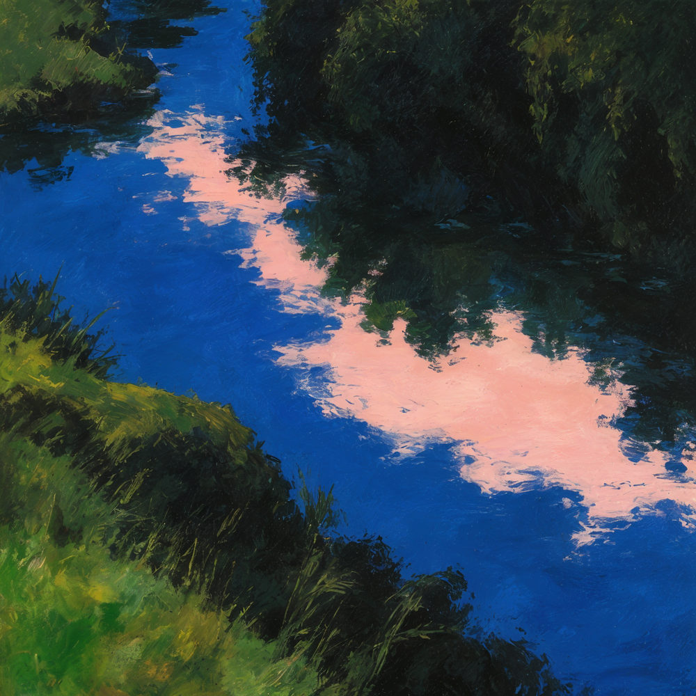 pink reflection: a pink cloud reflected in cobalt blue water, thick impasto brushstrokes, dark green riverbank foliage