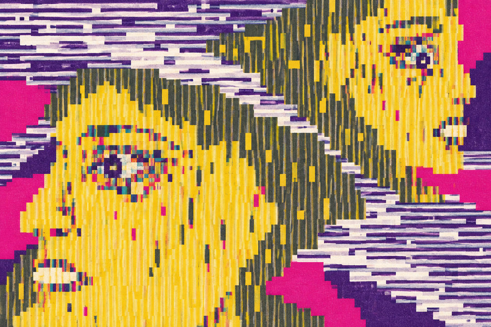 pixel faces: two big toothy glitch portraits back to back, textured 8-bit mosaic, yellow, hot pink and purple