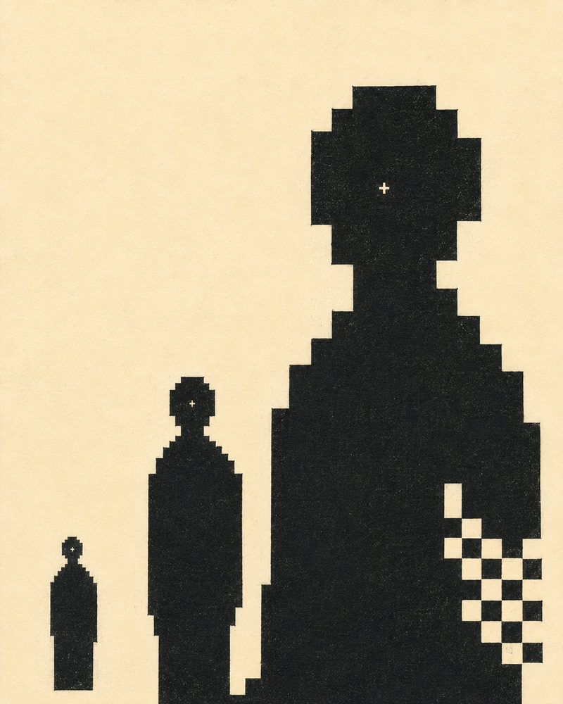 pixel trio: retro 8-bit, black & cream, minimal graphic figurative