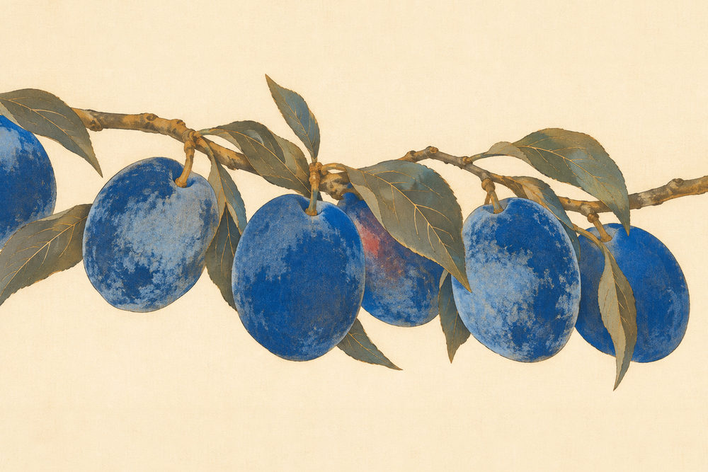 plum branch: six ripe plums with olive green leaves, botanical illustration style, cobalt blue and cream