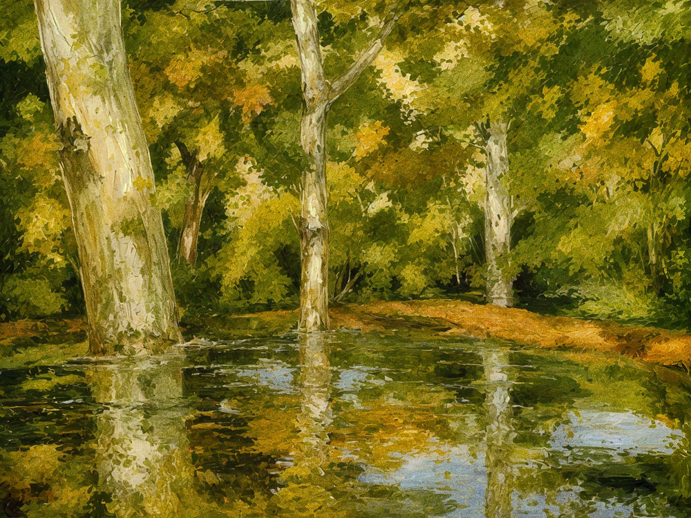 pond birches: autumn woodland landscape, birch trunk reflection, green and gold