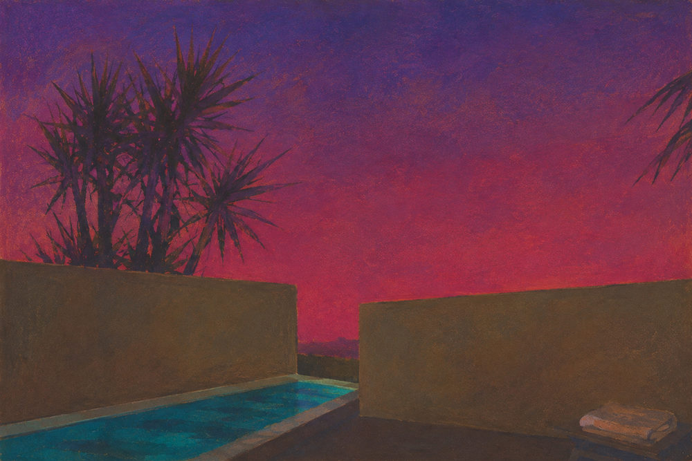 pool dusk: magenta violet twilight sky, turquoise lap pool, olive stucco terrace