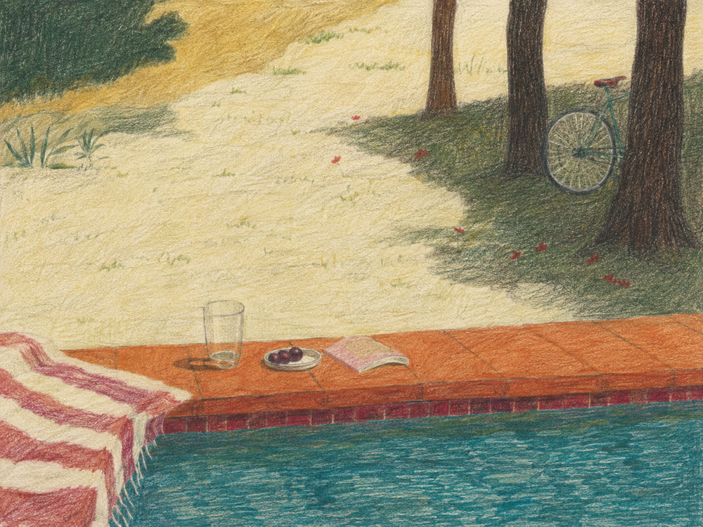 poolside absence: colored pencil pool, terracotta teal summer, mediterranean coastal
