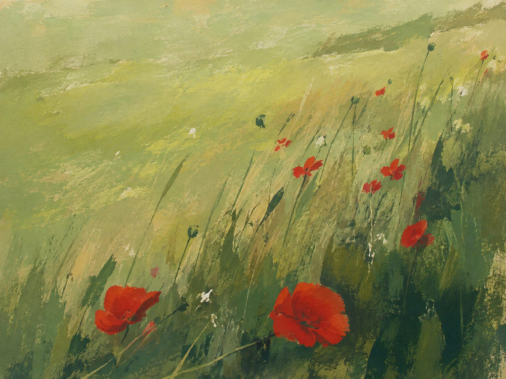 poppy meadow: impressionist meadow, palette knife texture, sage green chartreuse