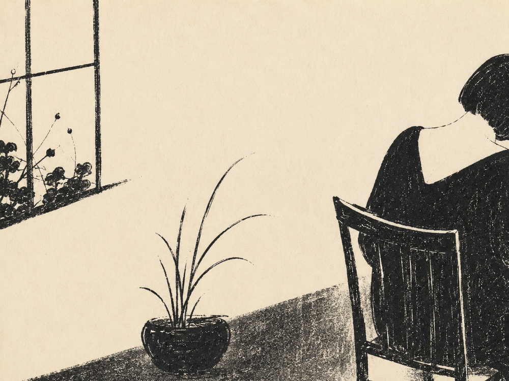 quiet room: 1920s modernist ink, quiet empty room illustration, black and cream