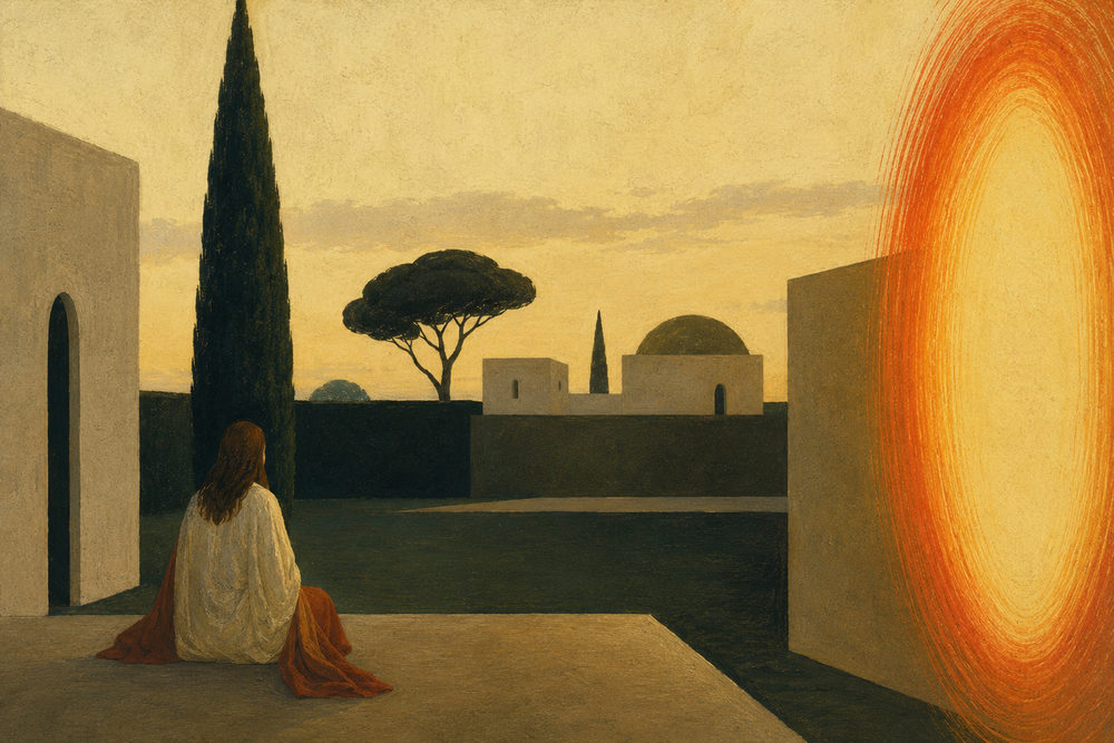 radiant terrace: surreal terrace, metaphysical sunrise, woman watching sun