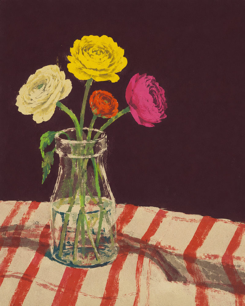 ranunculus jar: flowers in glass jar, screenprint style floral, magenta yellow bouquet