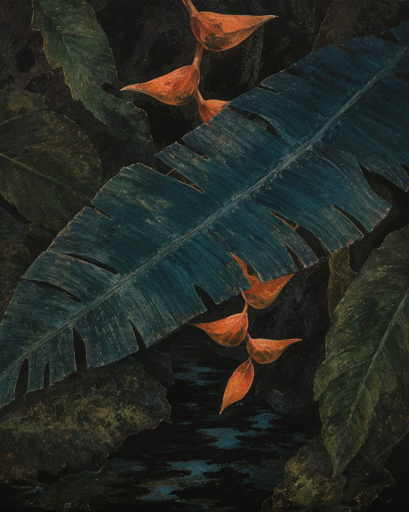 ravine frond: heliconia flower, teal and orange banana leaf, dark jungle impasto