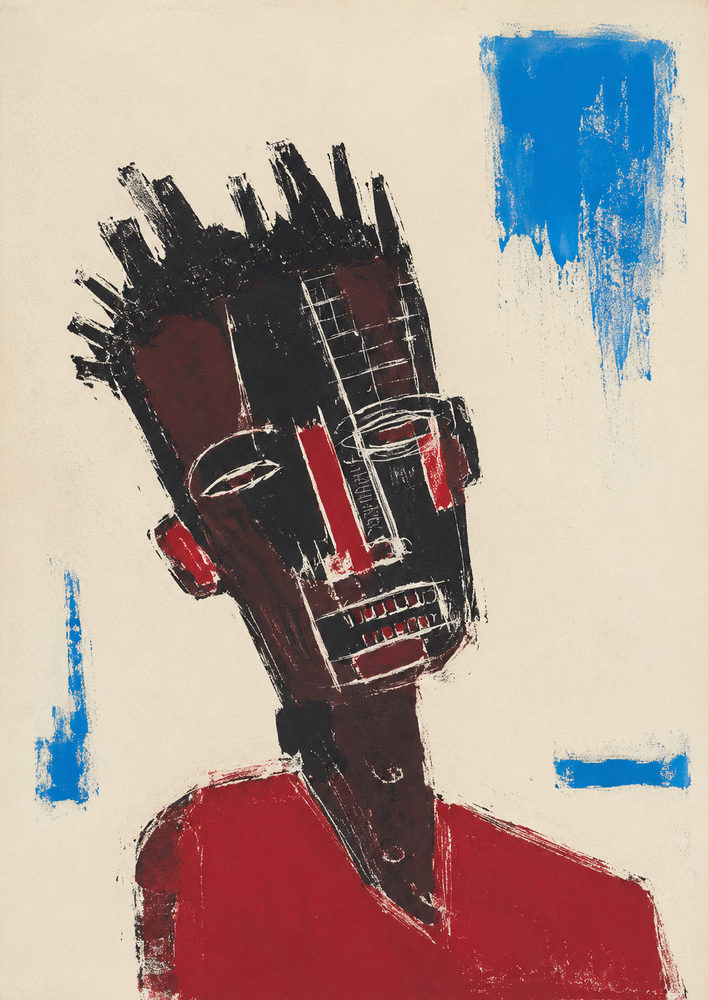 raw portrait: neo-expressionist portrait, raw street, graffiti style, cobalt blue and red