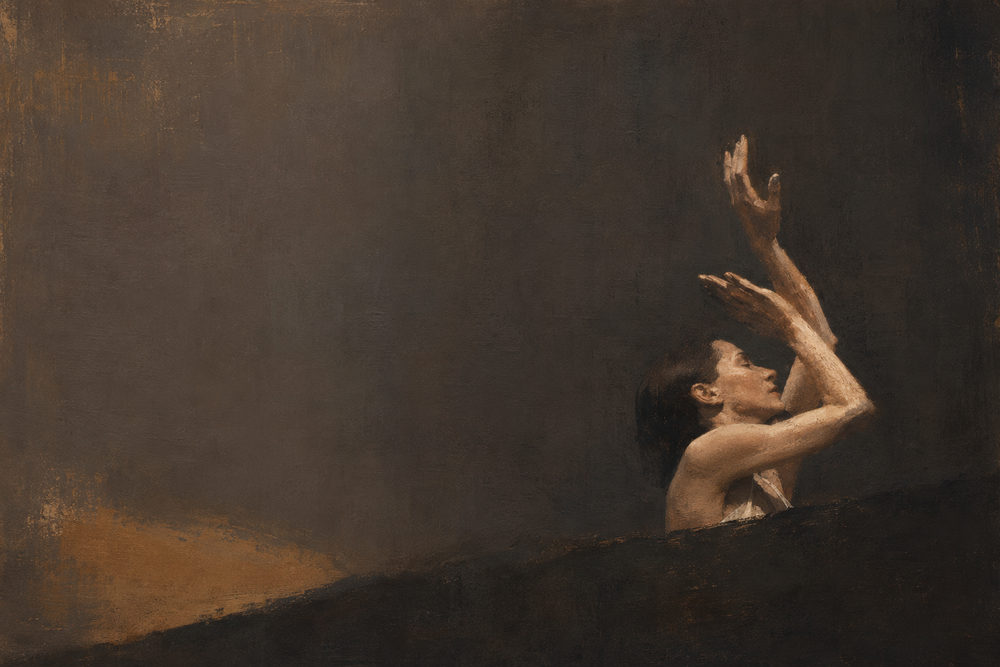 reaching figure: chiaroscuro figure, reaching arms oil, moody brown and gold