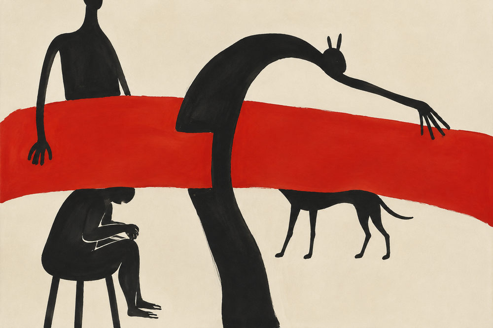 red band figures: black figures with red band, naive primitive, cream and red horizontal