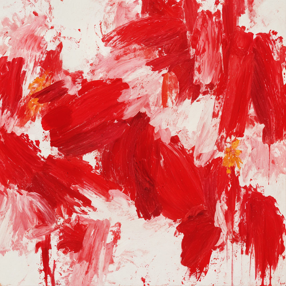 red blooms: abstract flower, expressive brushstrokes and splatter, red and pink on warm white