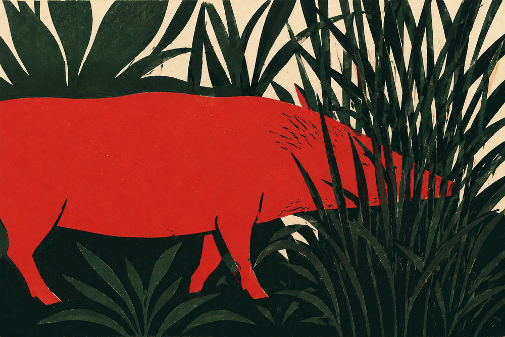 red boar: bold woodblock style animal, scarlet red and forest green, graphic jungle