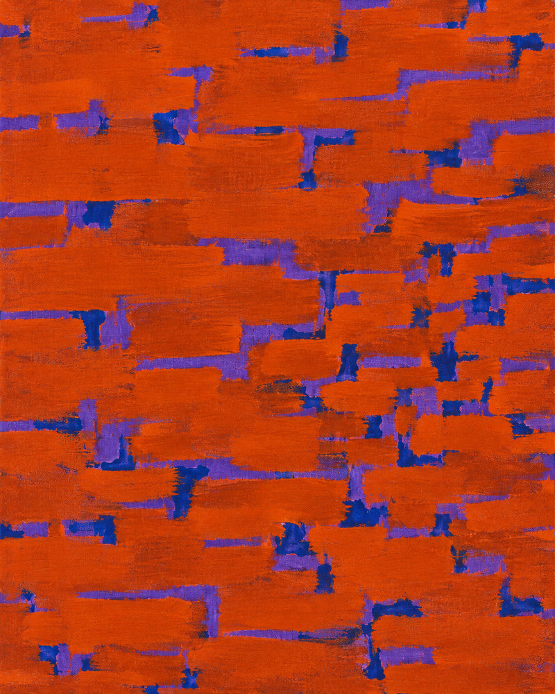 red brickwork: stacked horizontal brushstrokes like brickwork, vermilion, violet and cobalt blue, painterly texture