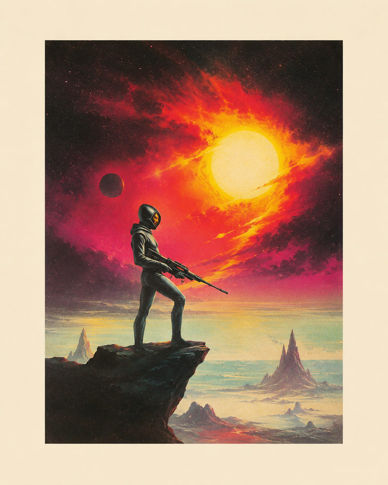 red planet explorer: vintage space explorer, alien planet landscape, red sun pulp fiction