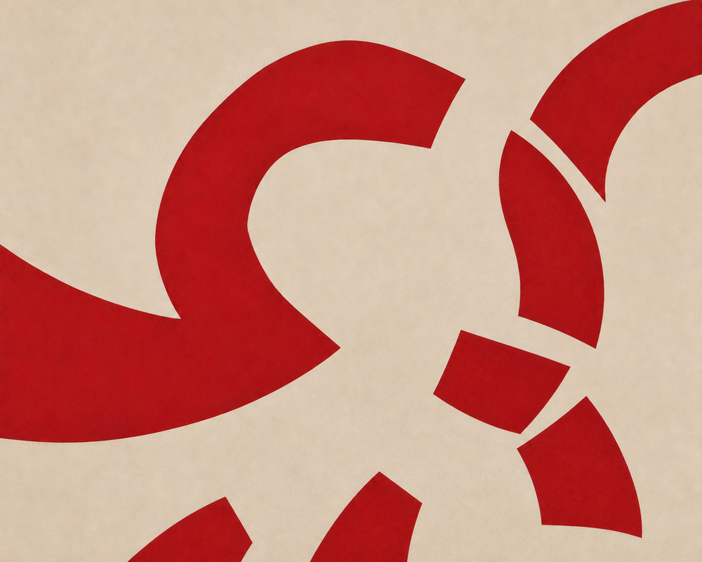 red ribbon: bold abstract ribbon, crimson arcs on tan, matisse inspired modern