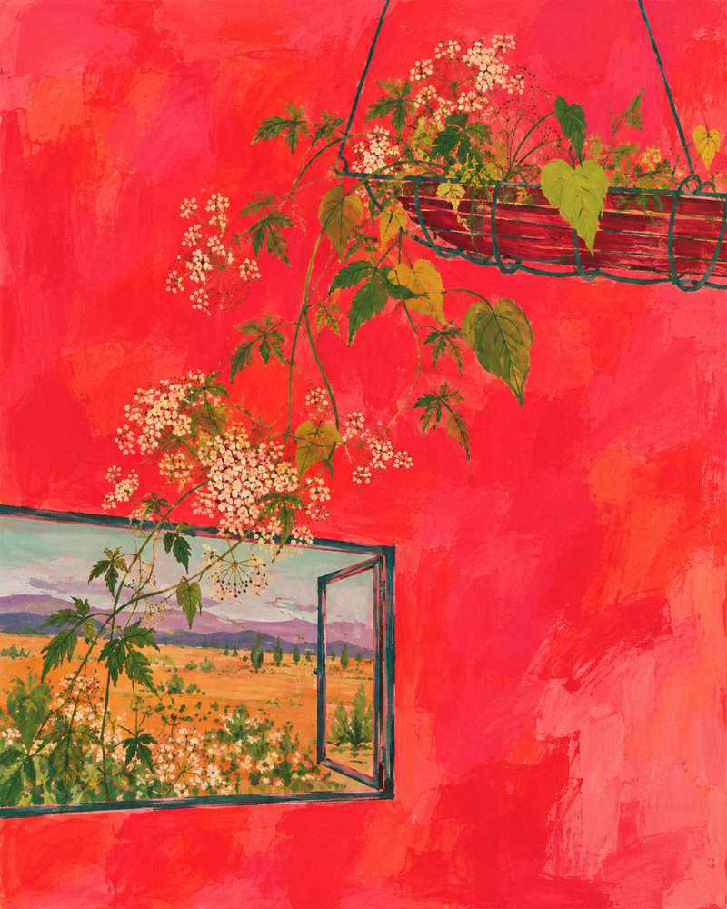 red wall window: red wall, orange plain and cypress trees, purple hills, hanging flower vine, loose brushwork