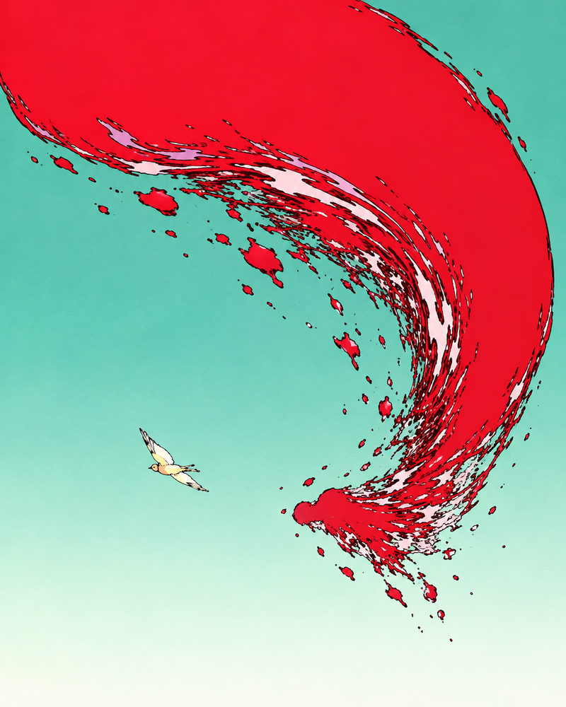 red wave: giant scarlet splash arcing over a teal sky, anime style illustration, scarlet, teal and mint