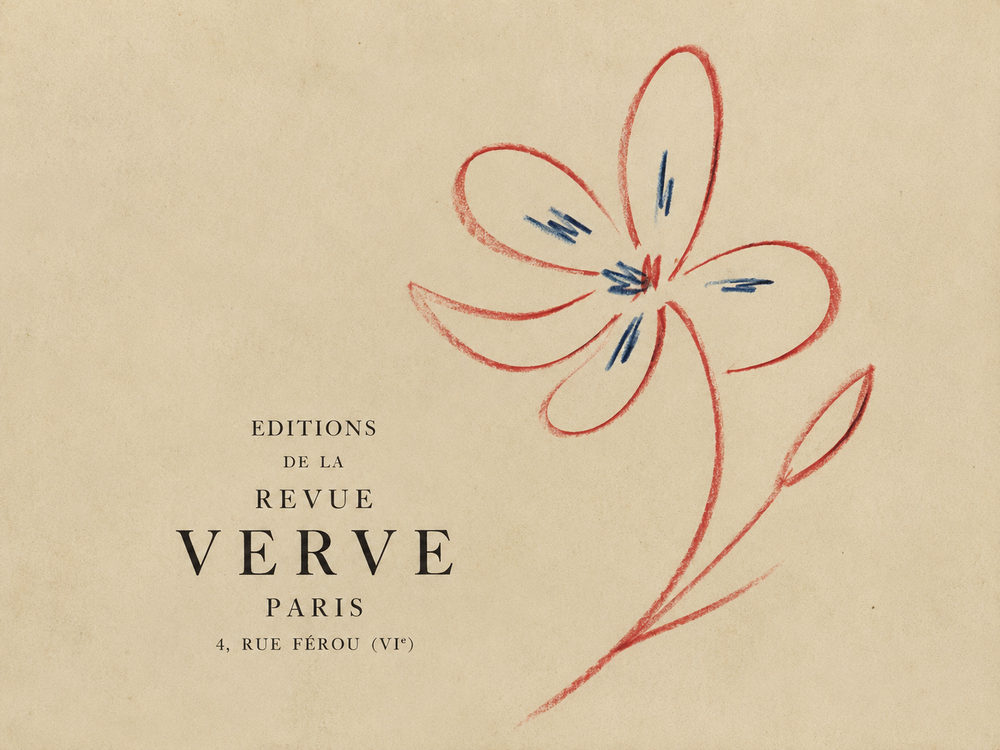 revue parisienne: picasso style red flower, french typography, mid century gallery