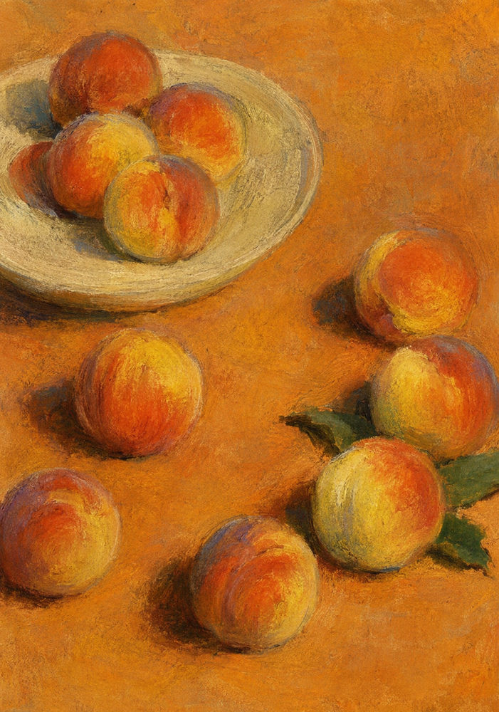 ripe peaches: impressionist fruit, warm orange and cream, sun drenched peaches in bowl