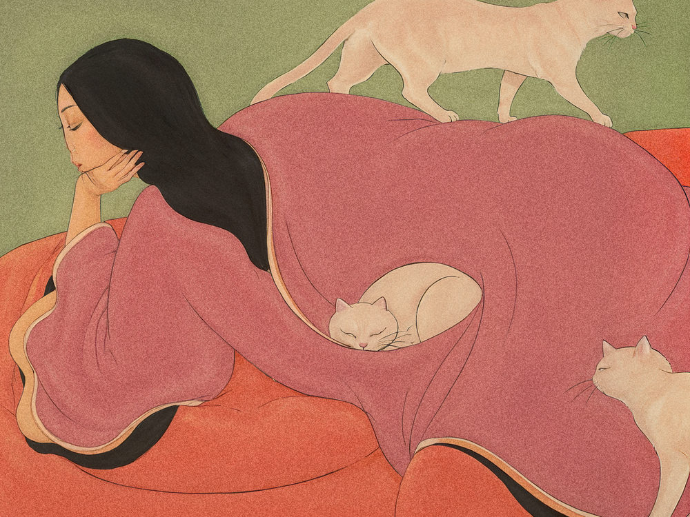 robe and cats: cat lady, reclining woman illustration, pink robe nap, dusty rose and olive green