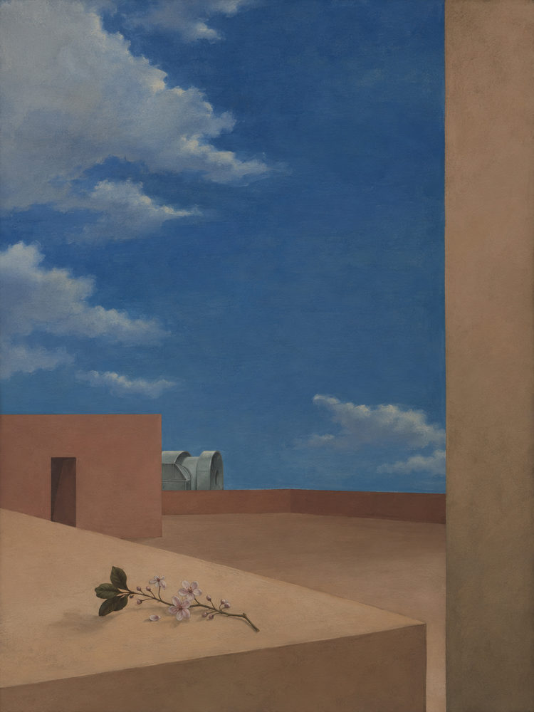 rooftop blossom: pink apple blossom branch, magic realism blue sky
