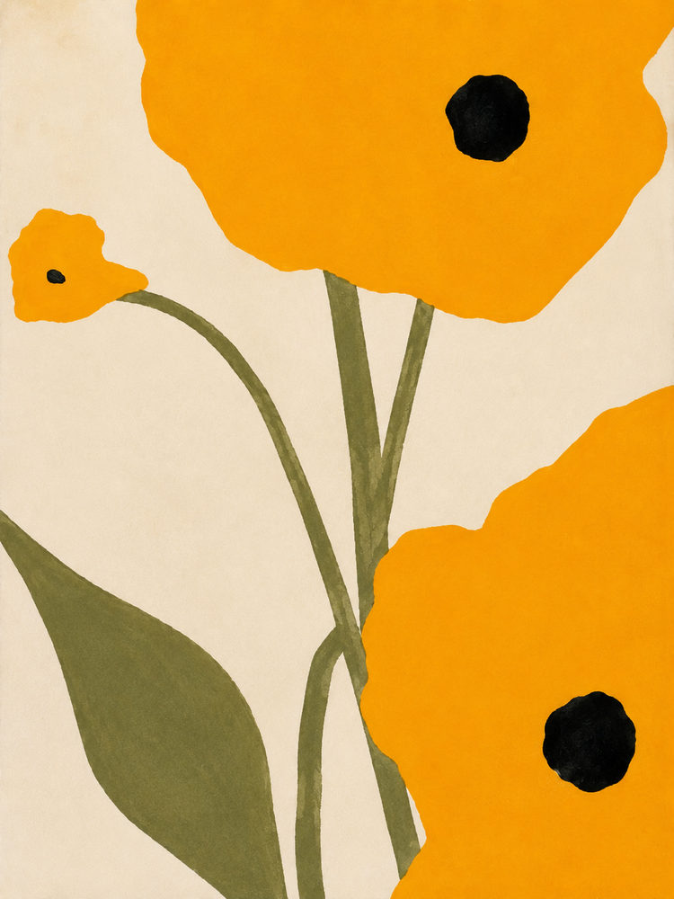 saffron poppies: cut paper botanical, saffron marigold flower, mid century modern