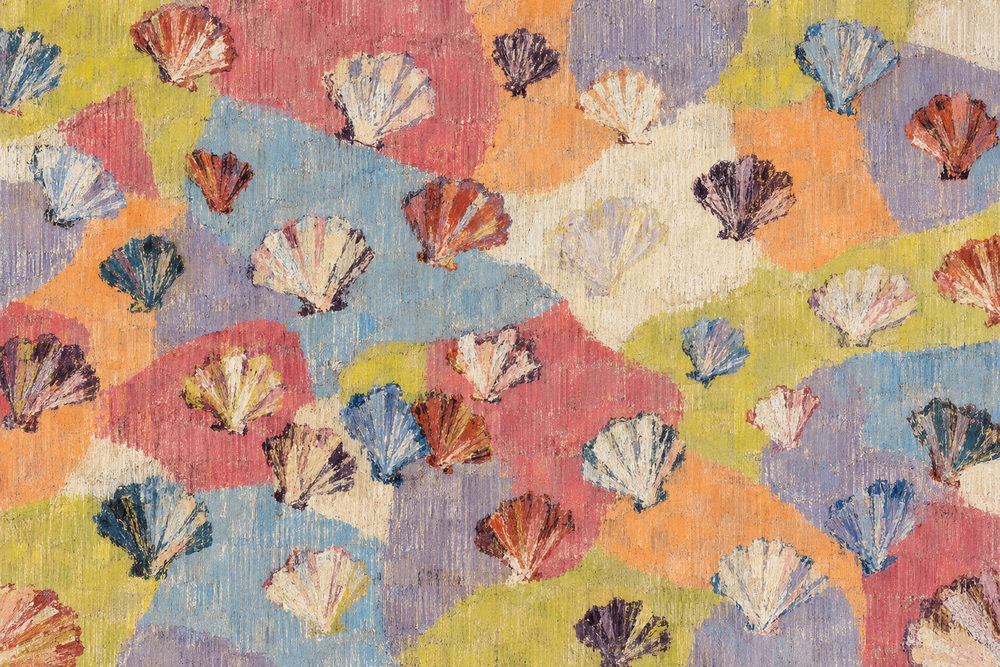 scattered scallops: painted shells scattered over a soft patchwork, textured dry brush, coral, mustard and blue-grey