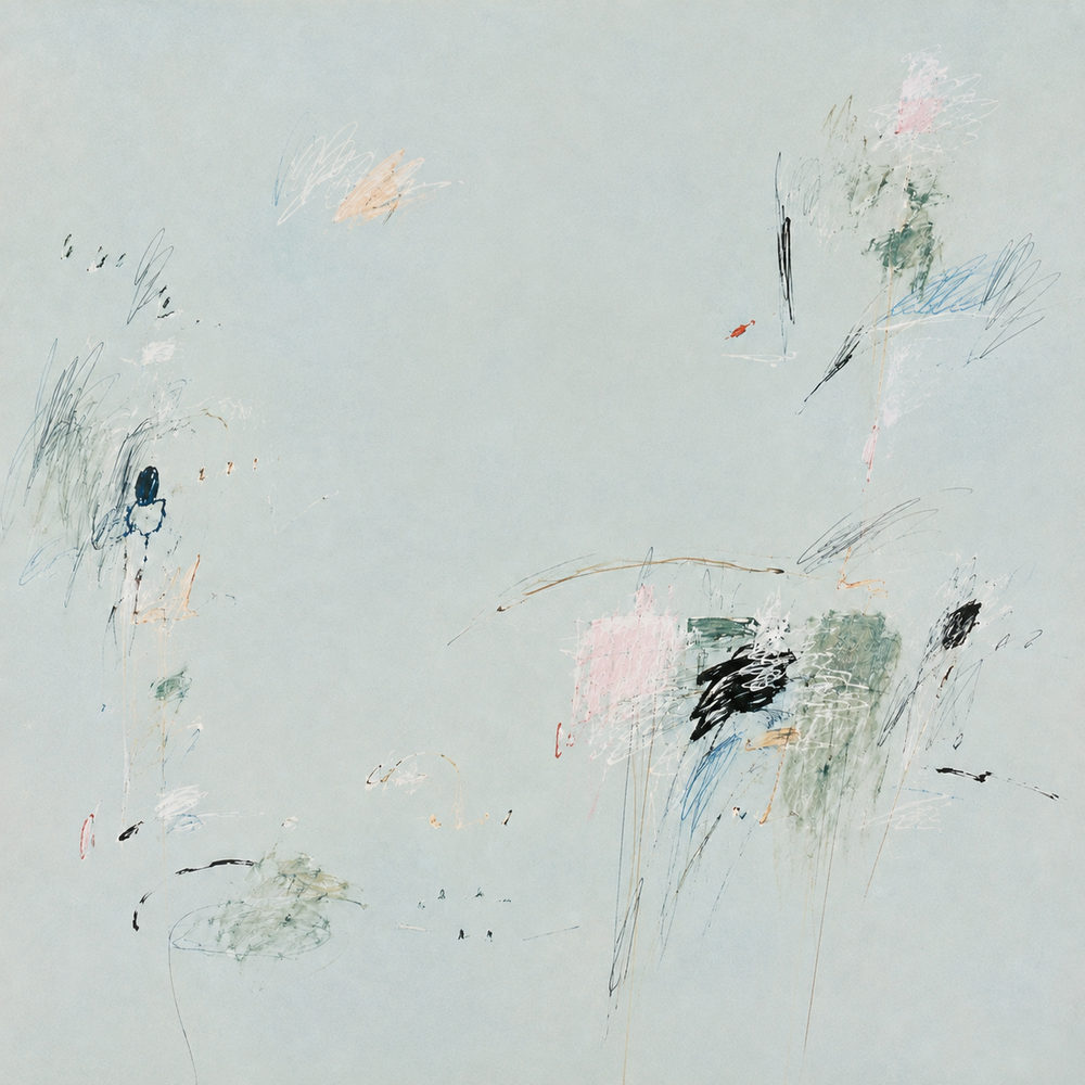 scribble field: gestural abstraction, pale blue grey and pink, minimalist mark making
