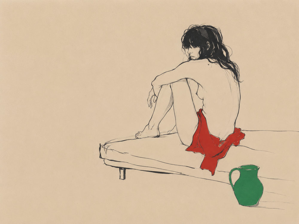 seated figure: seated nude figure study, minimalist ink drawing, red green tan bedroom
